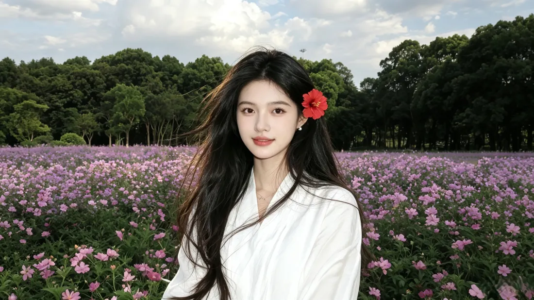 3k花海美女壁纸｜户外花田背景图片 - 红花长发白衣少女「哲风壁纸」