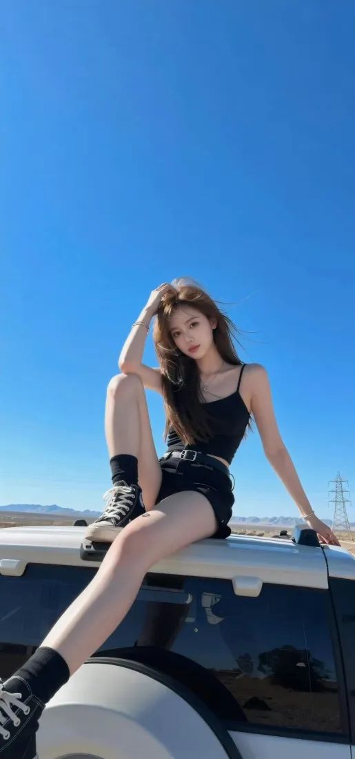 性感美女手机壁纸｜户外蓝天背景图片 - 坐白色车顶黑色吊带穿搭「哲风壁纸」
