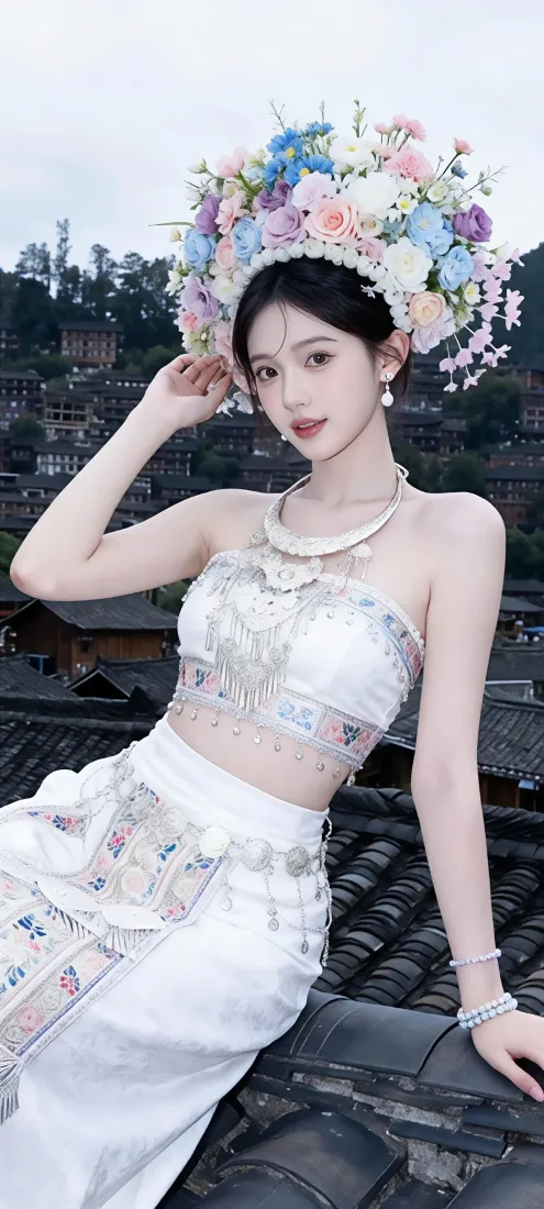 簪花围美女手机壁纸|古镇屋顶背景图片 - 白色抹胸裙旅拍「哲风壁纸」 簪花围美女手机壁纸|古镇屋顶背景图片 - 白色抹胸裙旅拍「哲风壁纸」