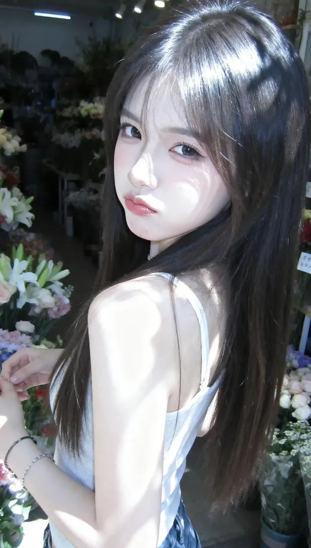 长发美女手机壁纸｜花店背景图片 - 吊带清纯少女写真「哲风壁纸」