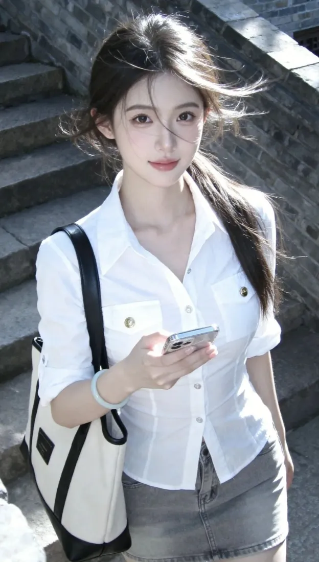 白衬衫美女｜户外街拍背景图片 - 马尾短裙气质穿搭「哲风壁纸」