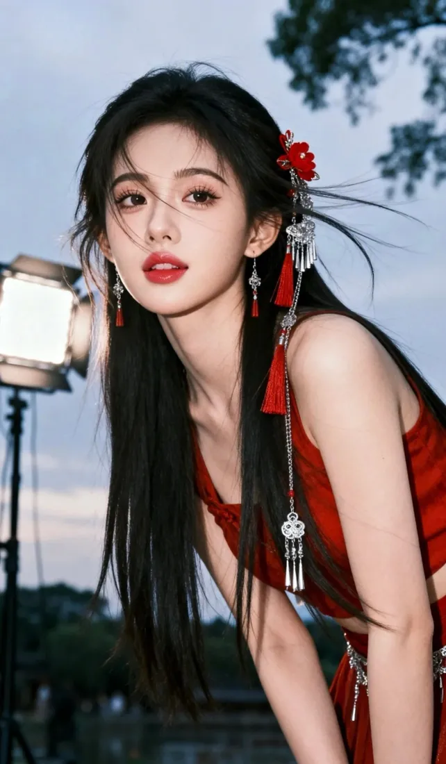 红衣美女手机壁纸｜户外写真背景图片 - 黑长直红花发饰「哲风壁纸」