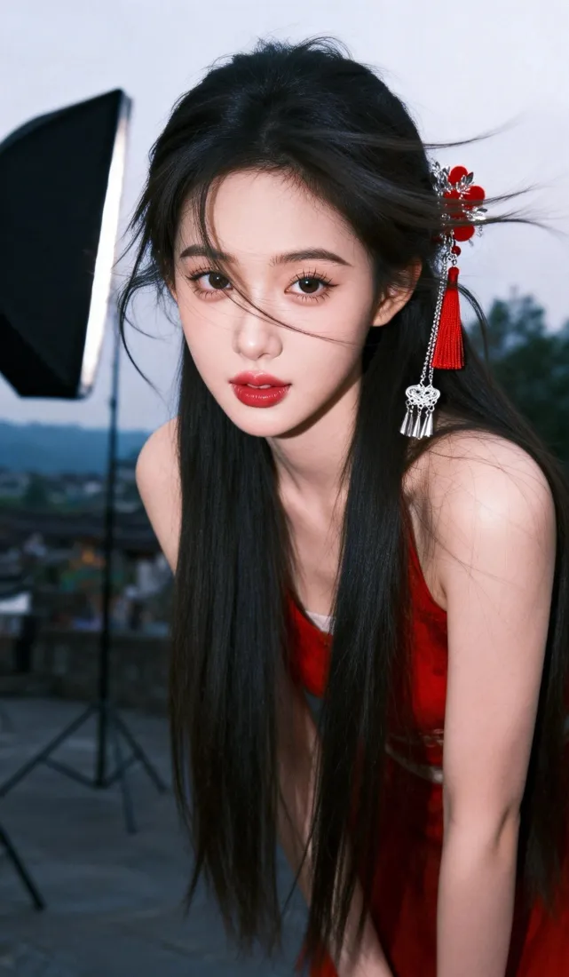 红衣美女手机壁纸｜户外天台背景图片 - 黑长直红流苏发饰性感造型「哲风壁纸」