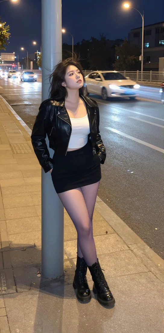 街头美女手机壁纸｜夜晚街拍背景图片 - 皮衣短裙酷飒穿搭「哲风壁纸」