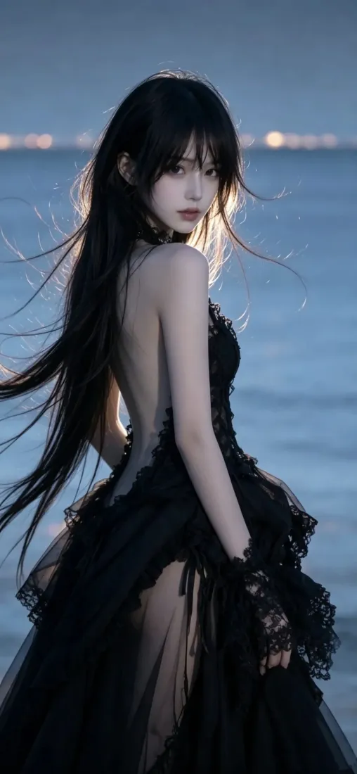 黑裙长发美女手机壁纸｜海边暮色背景图片 - 冷调氛围感「哲风壁纸」