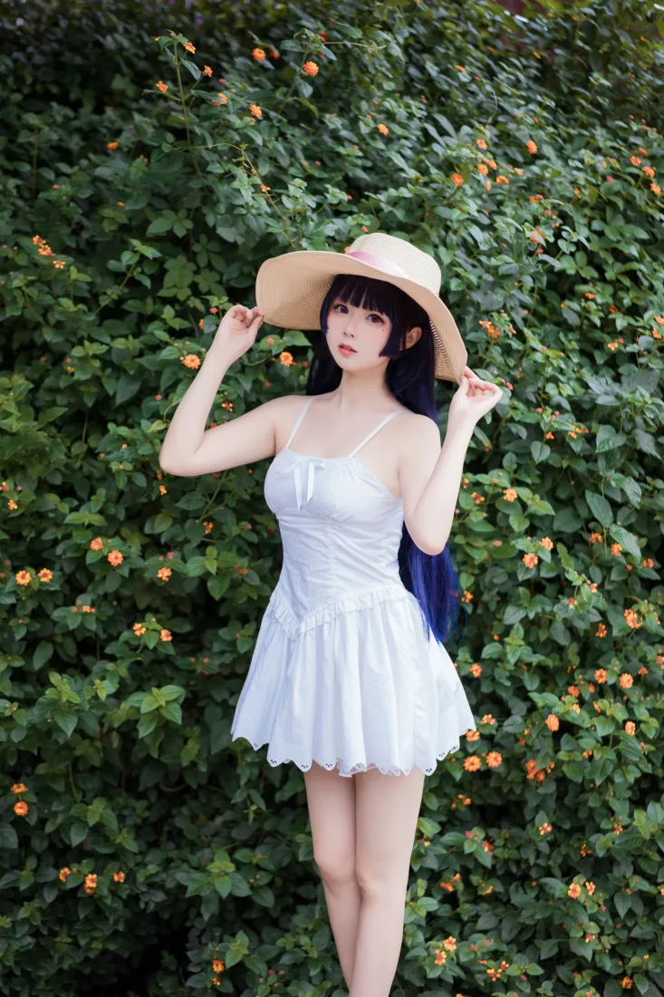 白裙少女手机壁纸｜户外绿植背景图片 - 草帽夏日清新写真「哲风壁纸」