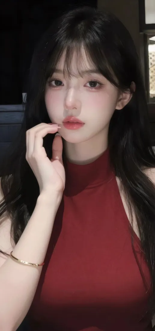 红衣美女手机壁纸｜托腮自拍背景图片 - 黑色长卷发性感穿搭「哲风壁纸」