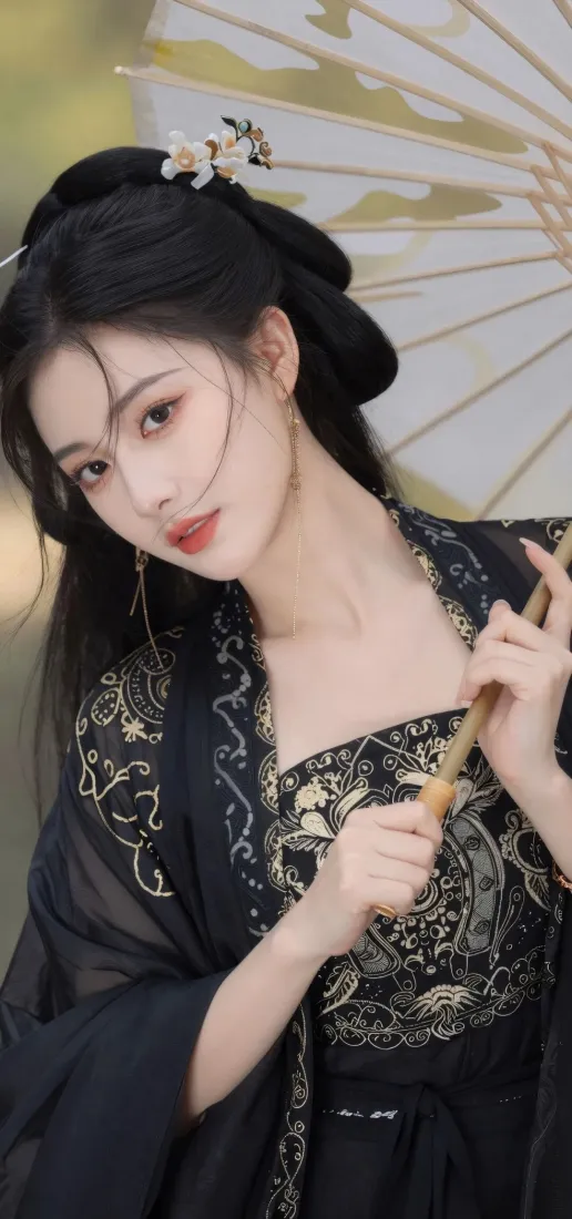 古风汉服美女手机壁纸｜黑色刺绣汉服背景图片 - 持油纸伞温婉造型「哲风壁纸」