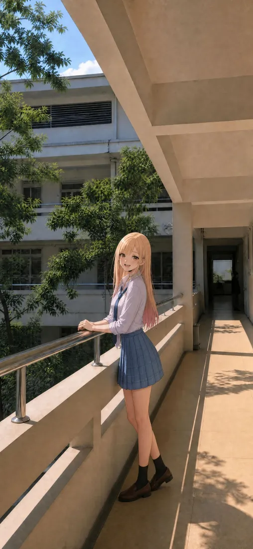 喜多川海梦手机壁纸｜校园走廊背景图片 - JK制服金发少女「哲风壁纸」