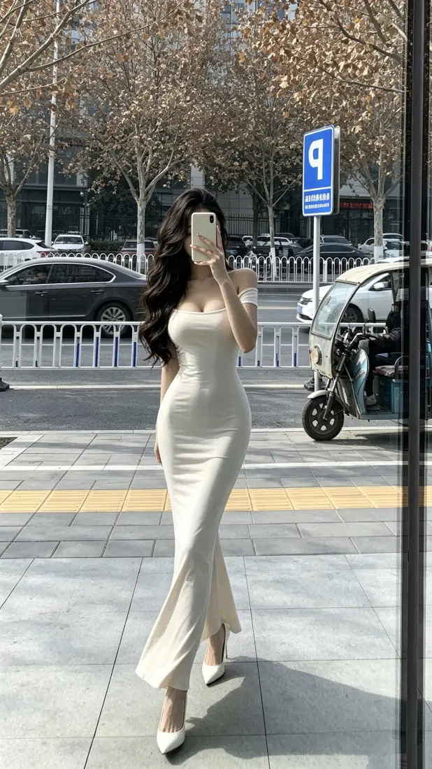米白抹胸长裙美女手机壁纸｜街拍对镜自拍背景图片 - 性感好身材「哲风壁纸」