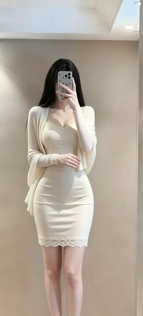 纯欲风美女手机壁纸｜米白穿搭背景图片 - 对镜自拍好身材「哲风壁纸」