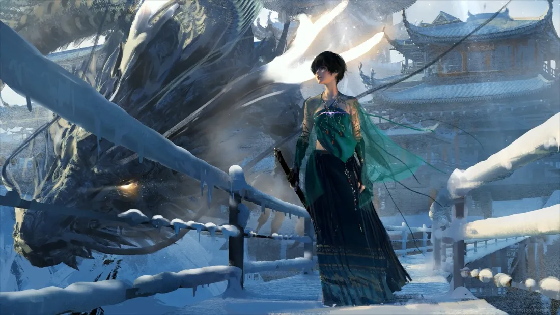2k鬼刀小绿壁纸｜雪景古风背景图片 - 绿裙「哲风壁纸」