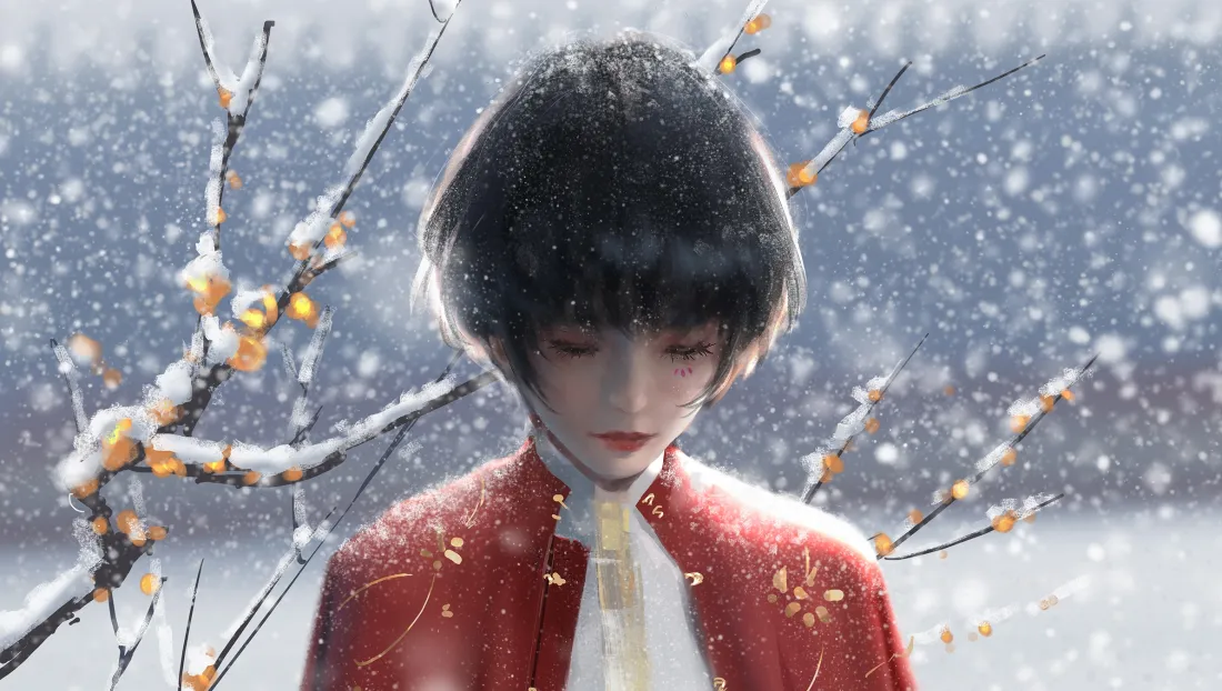 2k鬼刀小绿壁纸｜冬日雪景背景图片 - 红衣短发腊梅旁「哲风壁纸」