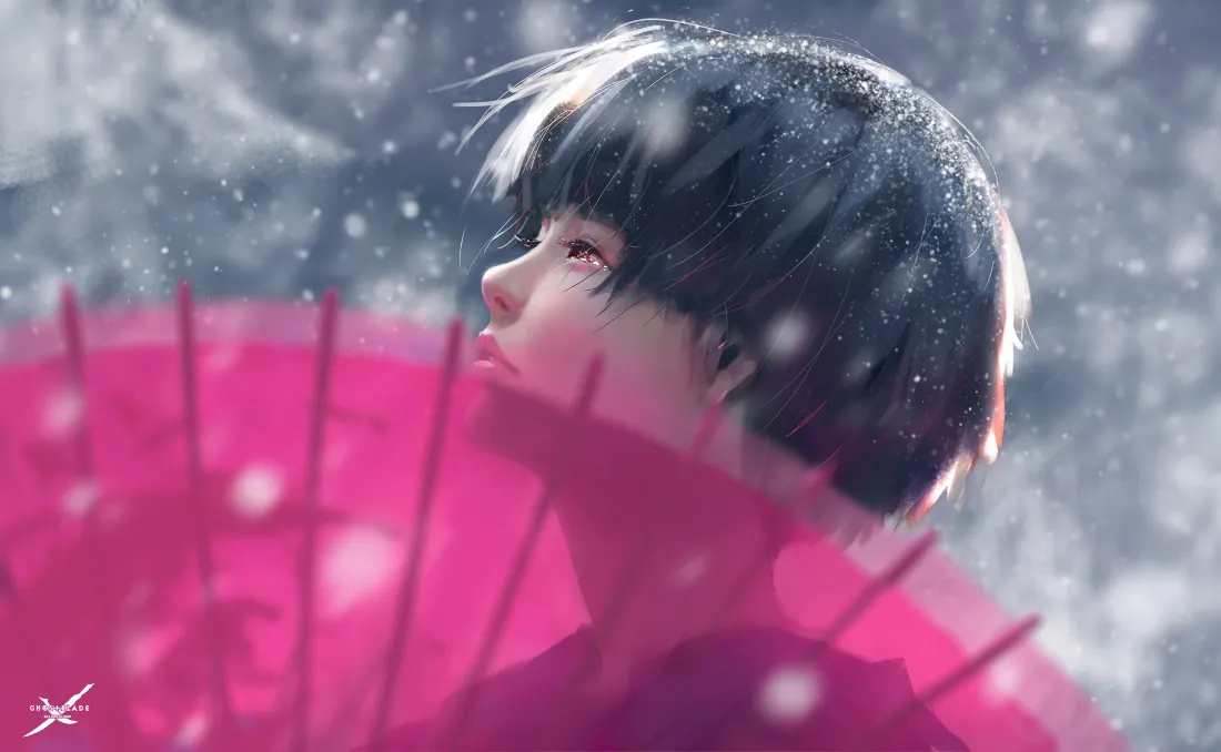 2k鬼刀小绿壁纸｜红伞雪景背景图片 - 短发少女雪中撑伞「哲风壁纸」