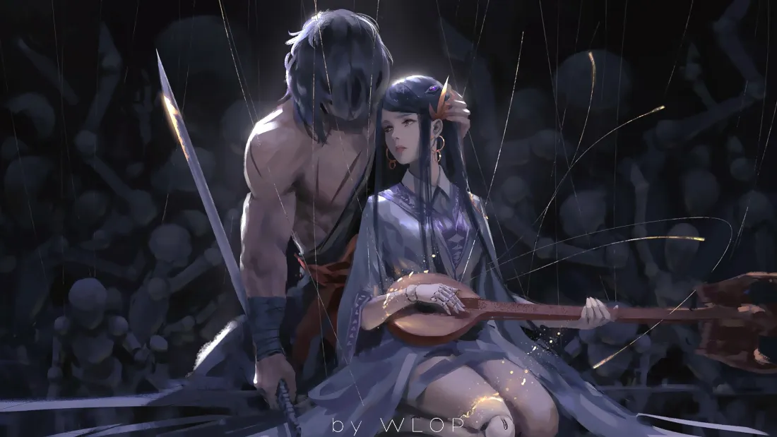 2k鬼刀壁纸｜古风男女背景图片 - 持剑武士与弹琵琶女子「哲风壁纸」