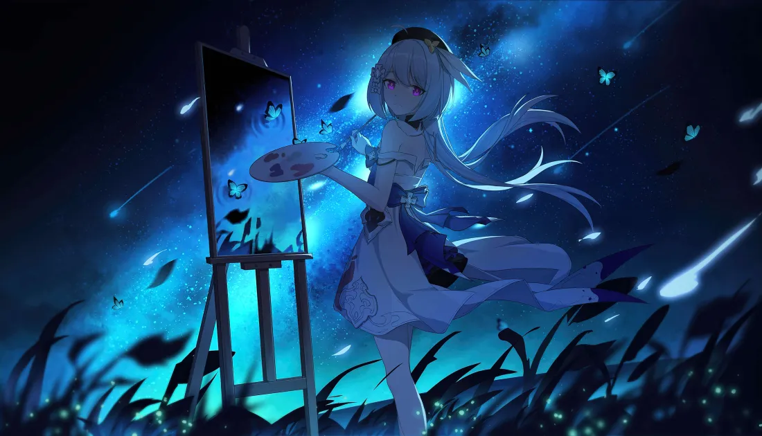 7k崩坏少女壁纸｜星夜流星背景图片 - 画架旁长发女孩「哲风壁纸」