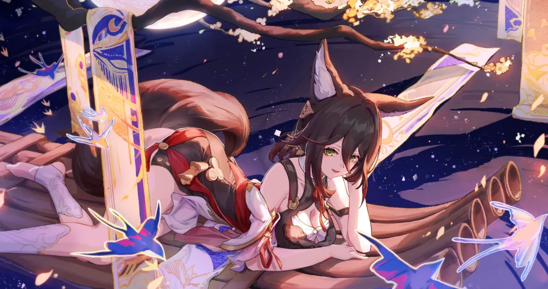 4k忘归人壁纸｜夜空花枝背景图片 - 狐耳少女停云「哲风壁纸」