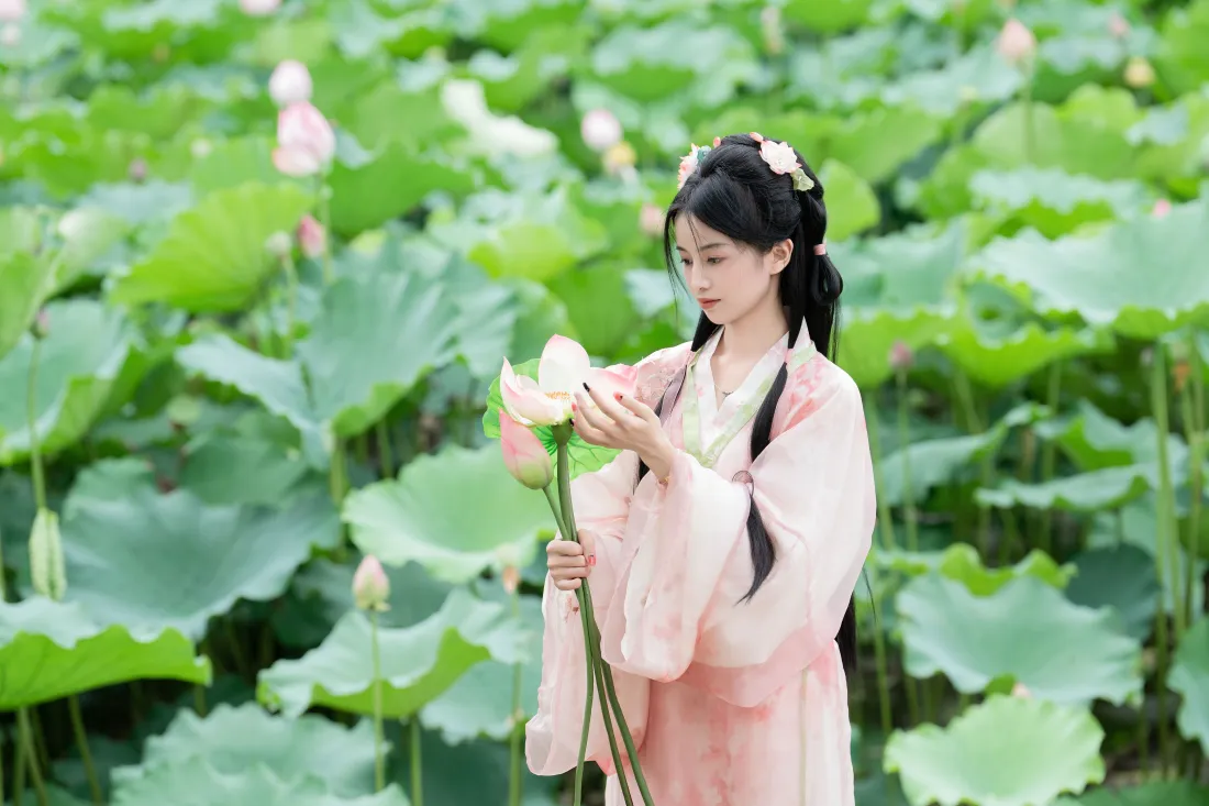 4k粉衣汉服美女壁纸｜荷花池畔背景图片 - 夏日荷塘古风人像「哲风壁纸」