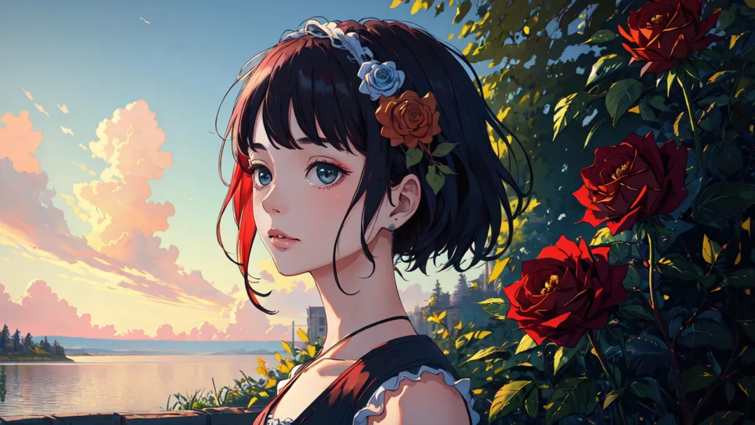 4k玫瑰少女壁纸｜湖边黄昏背景图片 - 二次元插画「哲风壁纸」