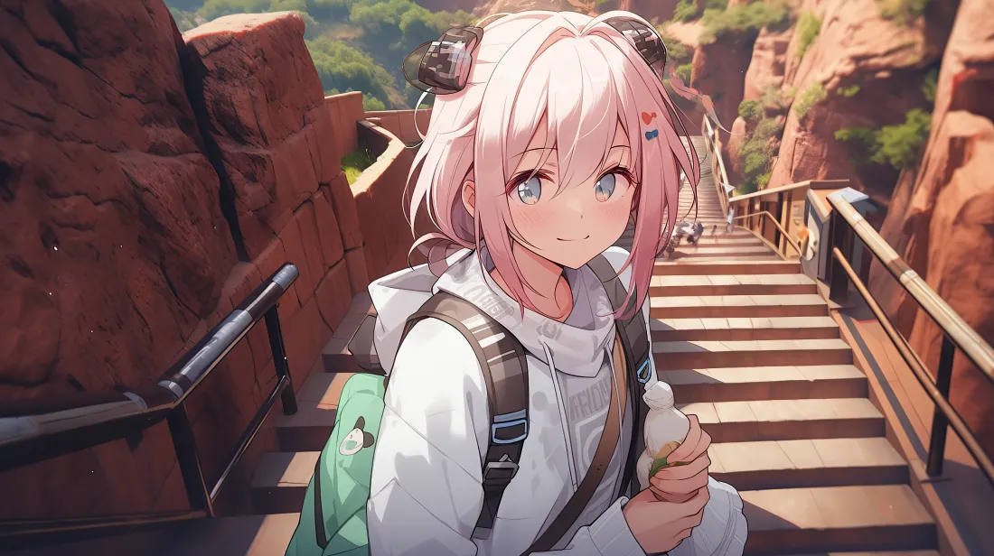 4k澄闪壁纸｜山间栈道背景图片 - 户外登山少女「哲风壁纸」