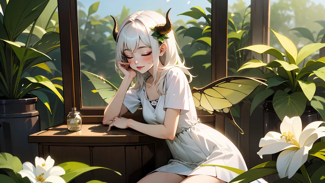 4k龙角白发少女壁纸｜窗边绿植背景图片 - 蝶翼白裙百合「哲风壁纸」