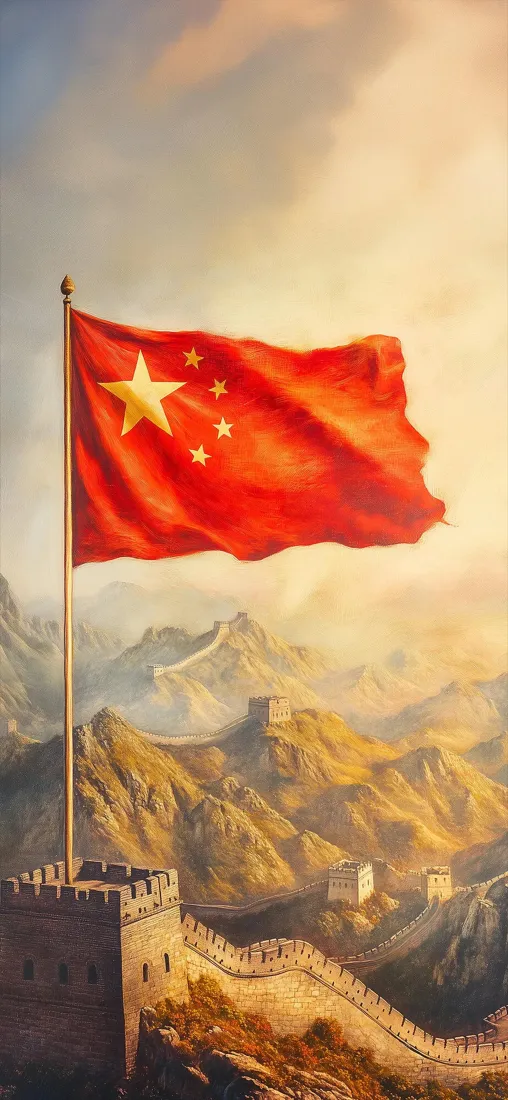 五星红旗手机壁纸｜长城山脉背景图片 - 暖光大气「哲风壁纸」