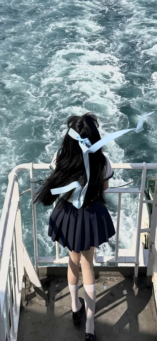 JK少女手机壁纸｜海边轮渡背景图片 - 水手服双马尾背影「哲风壁纸」