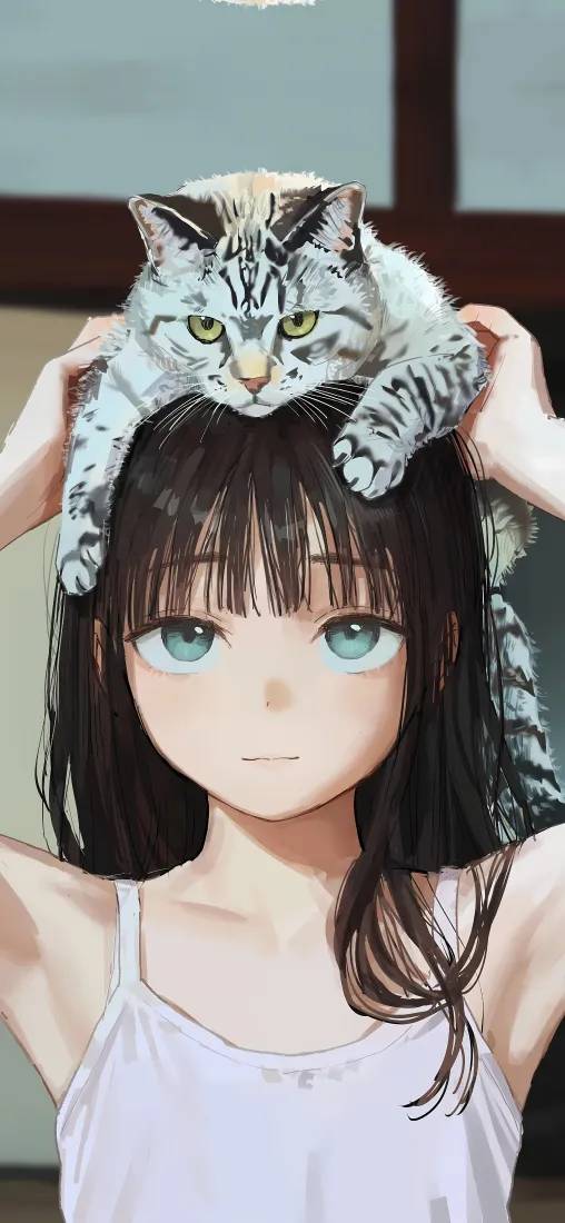 日系少女手机壁纸｜居家背景图片 - 头顶银虎斑猫咪「哲风壁纸」