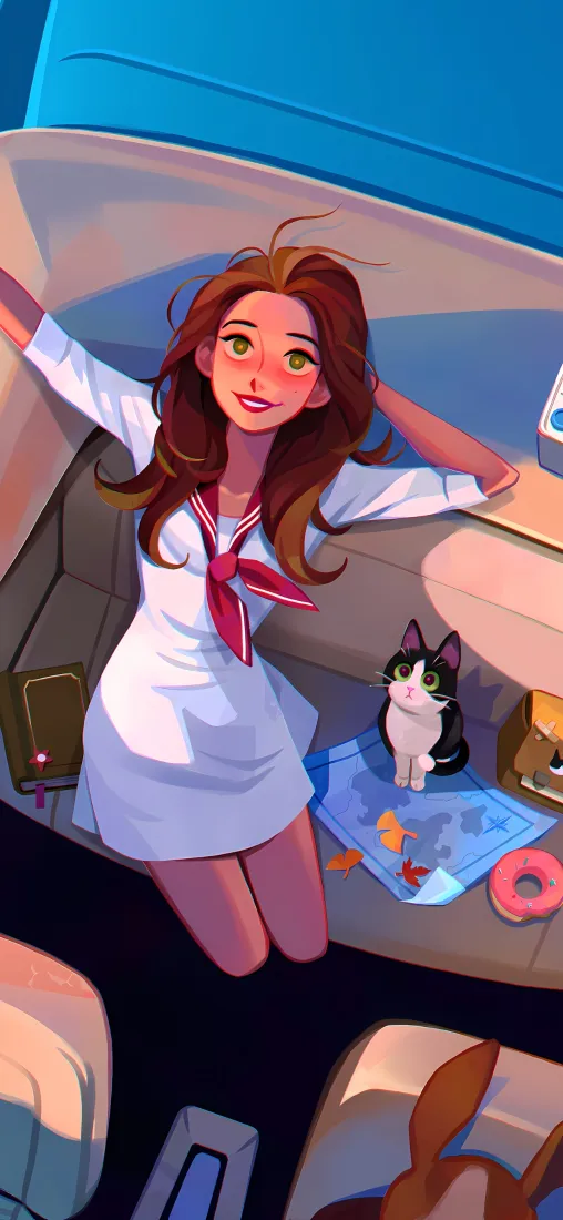 车内卷发女孩手机壁纸|美式插画背景图片 - 猫咪休闲氛围「哲风壁纸」 车内卷发女孩手机壁纸|美式插画背景图片 - 猫咪休闲氛围「哲风壁纸」