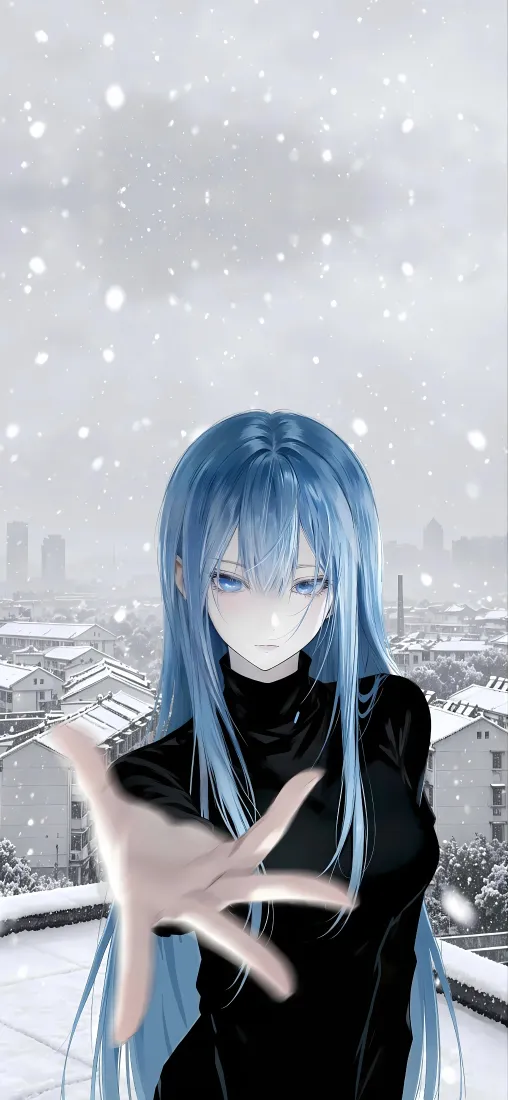 蓝发动漫少女手机壁纸|雪景背景图片 - 黑高领伸手「哲风壁纸」 蓝发动漫少女手机壁纸|雪景背景图片 - 黑高领伸手「哲风壁纸」