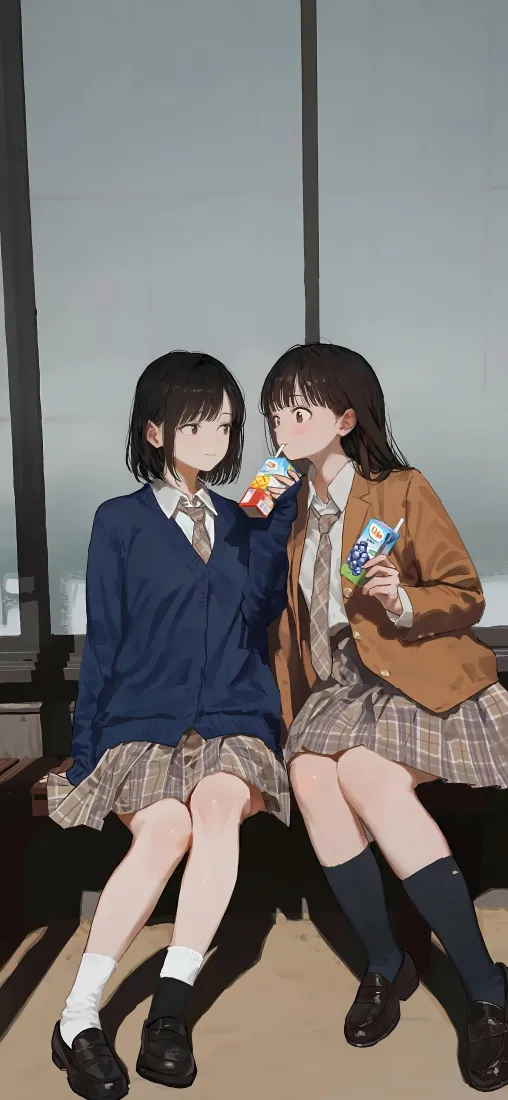 JK百合手机壁纸｜窗边校园背景图片 - 制服少女喝饮料「哲风壁纸」