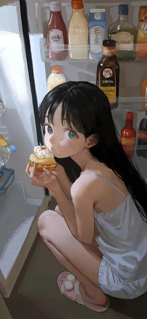 少女插画｜冰箱前纸杯蛋糕 - 黑长直吊带居家甜系日常「哲风壁纸」