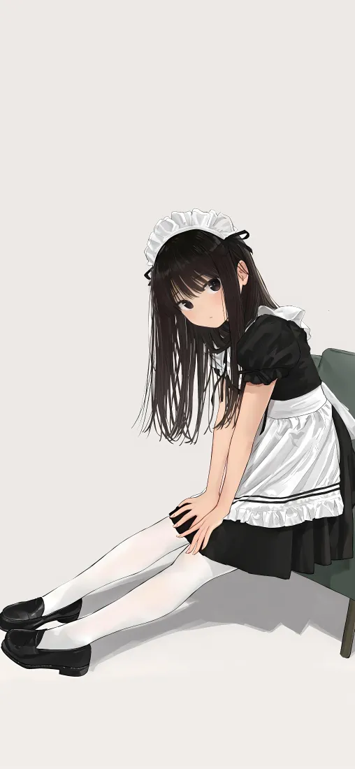 女仆少女手机壁纸|简约背景图片 - 黑长直白丝坐姿插画「哲风壁纸」 女仆少女手机壁纸|简约背景图片 - 黑长直白丝坐姿插画「哲风壁纸」