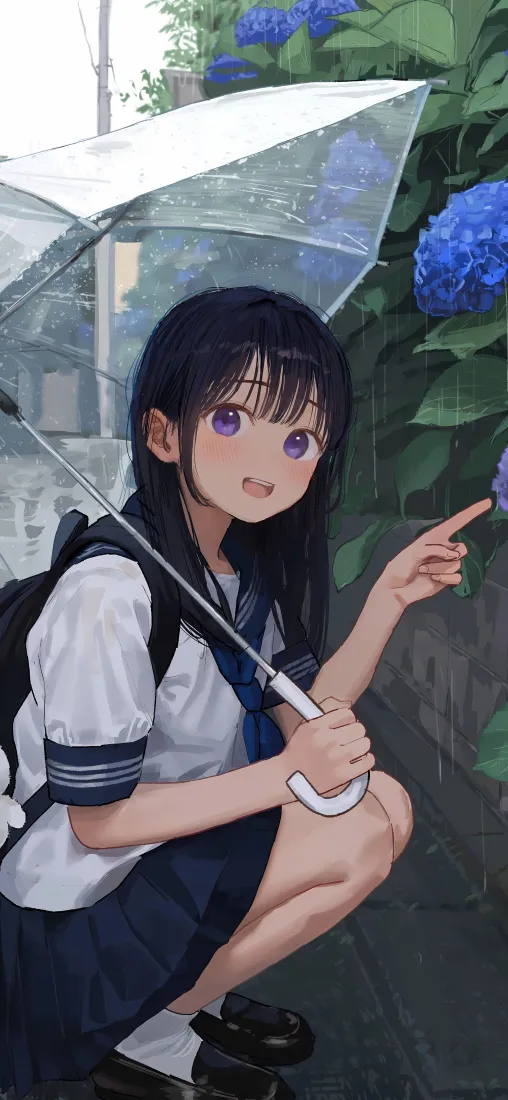 JK少女插画|雨天绣球花背景图片 - 水手服撑伞蹲姿少女「哲风壁纸」 JK少女插画|雨天绣球花背景图片 - 水手服撑伞蹲姿少女「哲风壁纸」