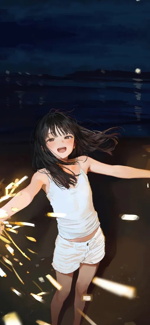 海边少女手机壁纸｜夜晚烟花背景图片 - 白吊带黑长发女孩「哲风壁纸」
