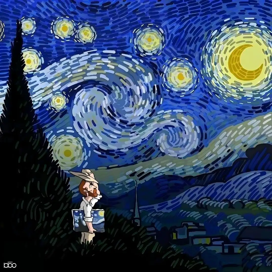 4k夜空壁纸 - 村庄 - 星空 - 绘画「哲风壁纸」