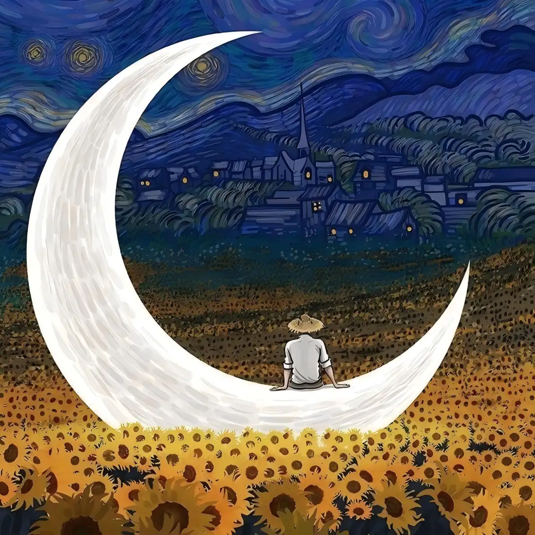 梵高|星月夜向日葵花田 - 弯月草帽男子背影背景图片「哲风壁纸」 梵高|星月夜向日葵花田 - 弯月草帽男子背影背景图片「哲风壁纸」