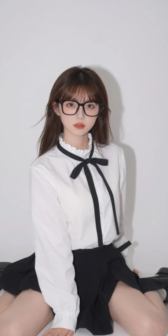 黑框眼镜少女手机壁纸｜学院风穿搭背景图片 - 白衬衫百褶裙「哲风壁纸」