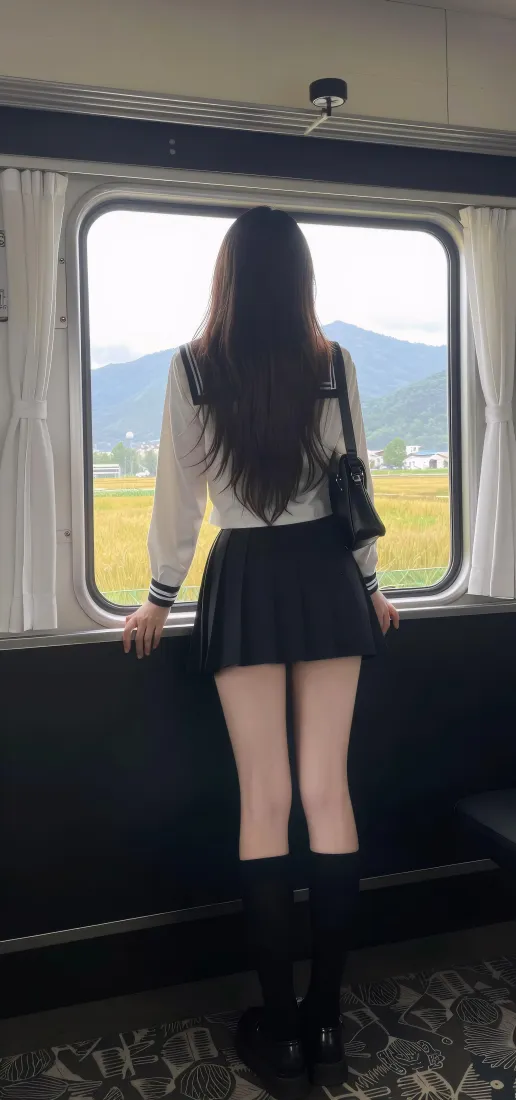 水手服少女手机壁纸｜火车车厢背景图片 - 靠窗背影穿搭「哲风壁纸」
