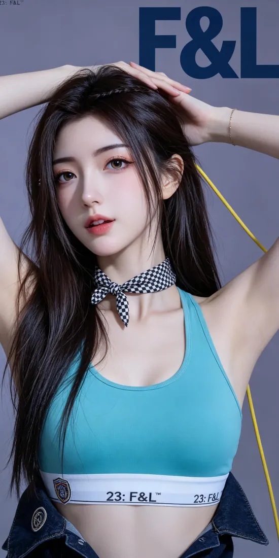 运动风美女手机壁纸｜蓝运动内衣背景图片 - 黑长直choker造型「哲风壁纸」