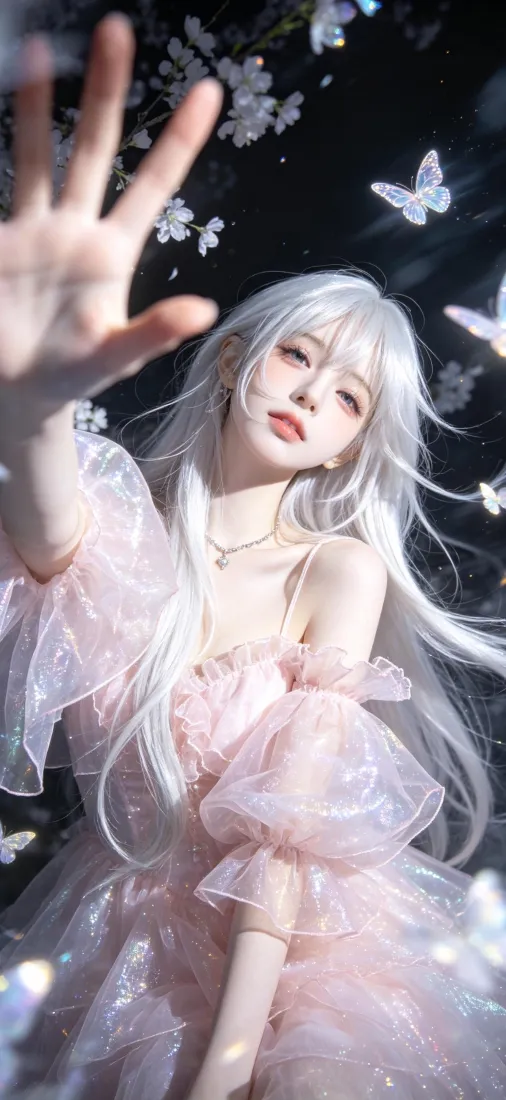 白发少女手机壁纸｜蝴蝶纱裙背景图片 - 梦幻氛围感「哲风壁纸」