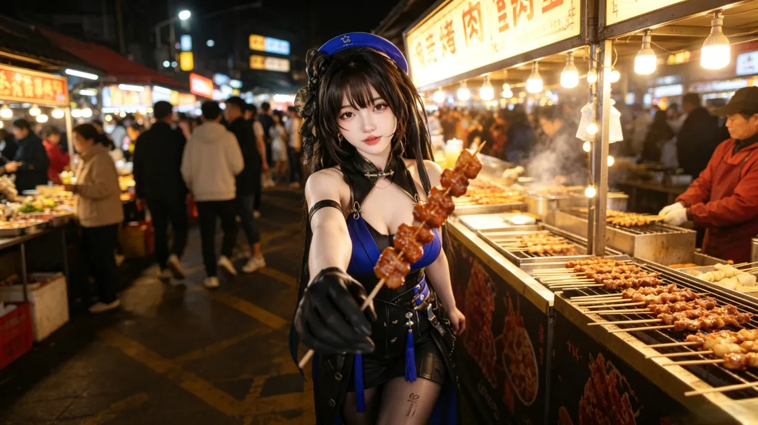 3kcosplay美女｜夜市背景图片 - 蓝裙黑丝递烤串「哲风壁纸」