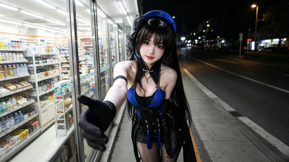 3k秧秧cos壁纸|夜晚街道背景图片 - 便利店外蓝黑穿搭「哲风壁纸」 3k秧秧cos壁纸|夜晚街道背景图片 - 便利店外蓝黑穿搭「哲风壁纸」
