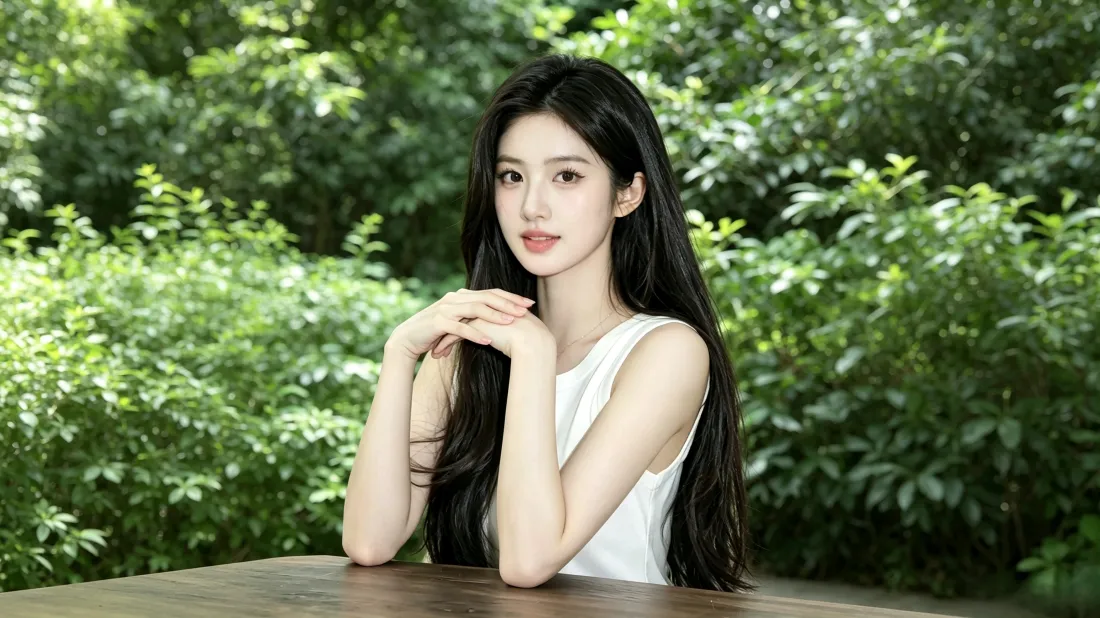 3k清纯美女壁纸｜户外绿植背景图片 - 黑长直白衣写真「哲风壁纸」