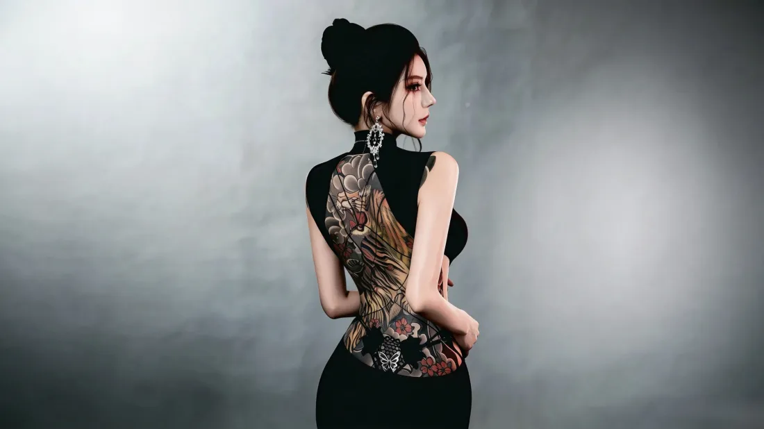 3k新中式旗袍美女壁纸｜灰色背景图片 - 露背纹身「哲风壁纸」