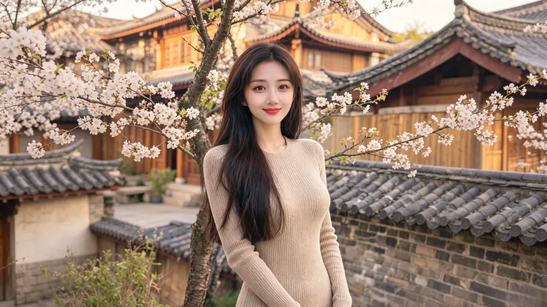 3k樱花美女壁纸｜中式古建背景图片 - 米色针织裙长发温柔人像「哲风壁纸」
