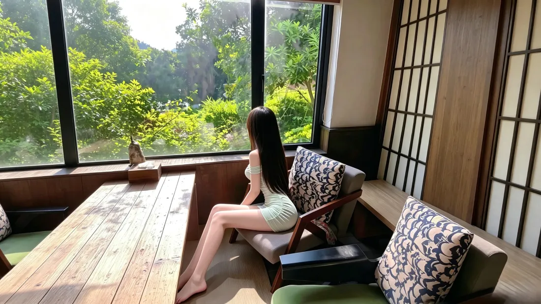 3k黑长直美女壁纸｜窗边茶室背景图片 - 山景慵懒氛围感「哲风壁纸」