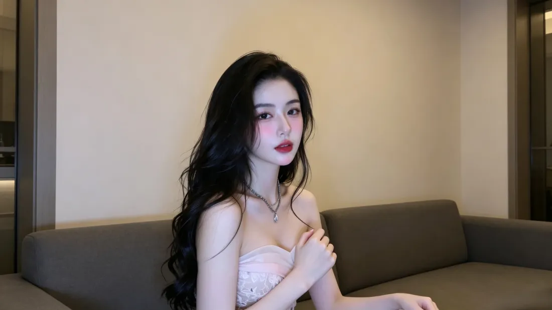 3k长发美女壁纸｜室内沙发背景图片 - 抹胸红唇「哲风壁纸」