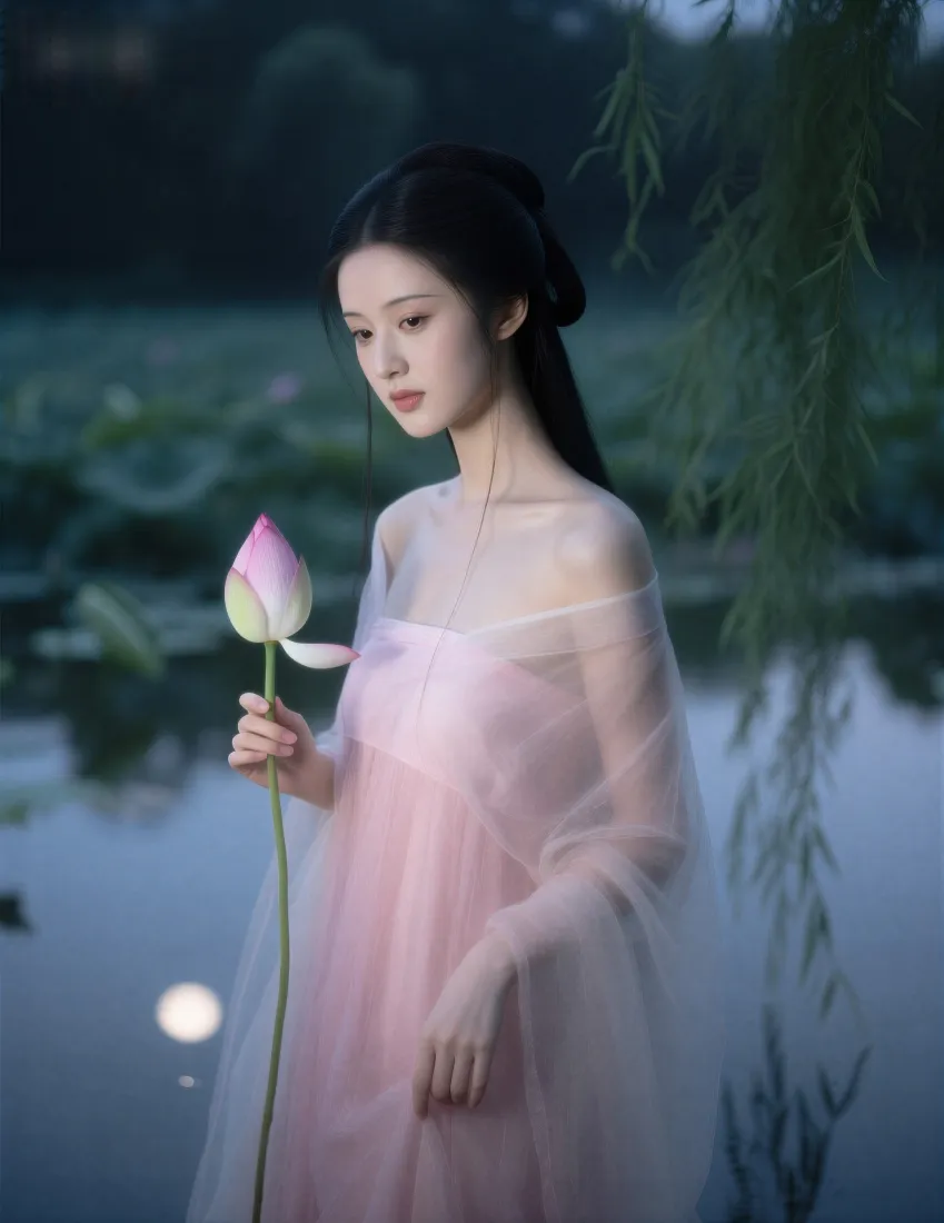 古风粉裙美女手机壁纸｜荷塘夜色背景图片 - 手持荷花温婉佳人「哲风壁纸」