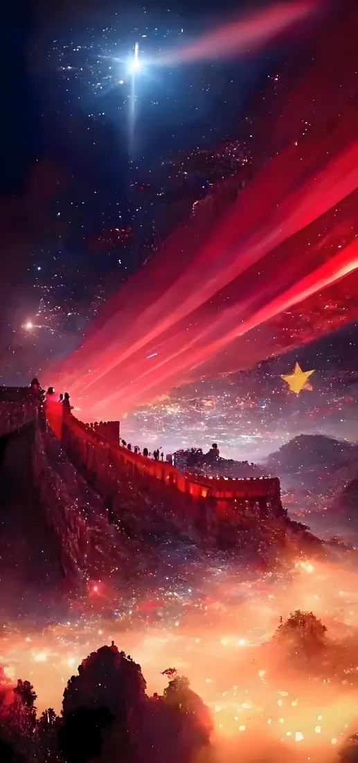 长城爱国主题｜红色光束星空背景图片 - 星火山河「哲风壁纸」